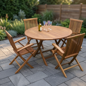 Teak Wood Outdoor Round <b>Dining</b> <b>Table</b> <b>with</b> 4 <b>Chairs</b> Minimalist Design Villa & Park Patio Furniture Set - Product Image 2