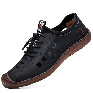 Sandales décontractées en cuir pour hommes, plates, perforées, respirantes, à semelle souple, avec bande élastique, pour l'été - Product Image 3