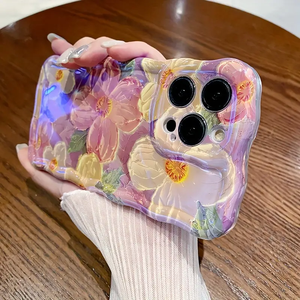 Nuova Custodia di Lusso Blu con Pittura a Olio 3D Fiori Viola per <span class=keywords><strong>iPhone</strong></span> 15 14 13 11 Pro Max, Stile Coreano con Bordo Ondulato Antiurto - Product Image 4