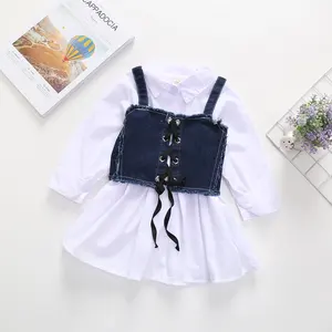 kids clothes special occasions girls dresses collard long sleeves shirt dress jeans strap vest clothes cross border girl dress