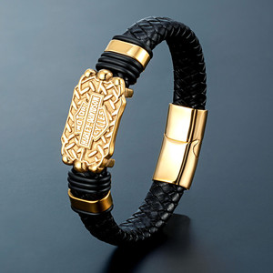 <span class=keywords><strong>Bracciale</strong></span> da <span class=keywords><strong>uomo</strong></span> in acciaio inossidabile con scudo, stile hip-hop, punk, in pelle intrecciata, alla moda - Product Image 5