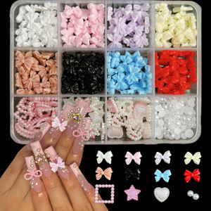 12 Grilles d'accessoires mixtes pour nail art : nœuds, résine, DIY, cœurs, perles, étoiles – Matériaux polyvalents pour ongles, modèle à poser - Product Image 1