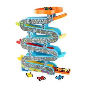 Rampa de madera para coche Zig Zag Racing Car Slide Run con 6 coches de madera Playsets Click Clack Track Toys Regalos para niños pequeños