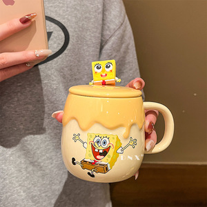 Bộ cốc sứ đôi SpongeBob Pai Da Xing Lian cao cấp, màu sắc bắt mắt, kèm nắp và thìa, bền và bắt mắt, bộ cốc hoạt hình - Product Image 3