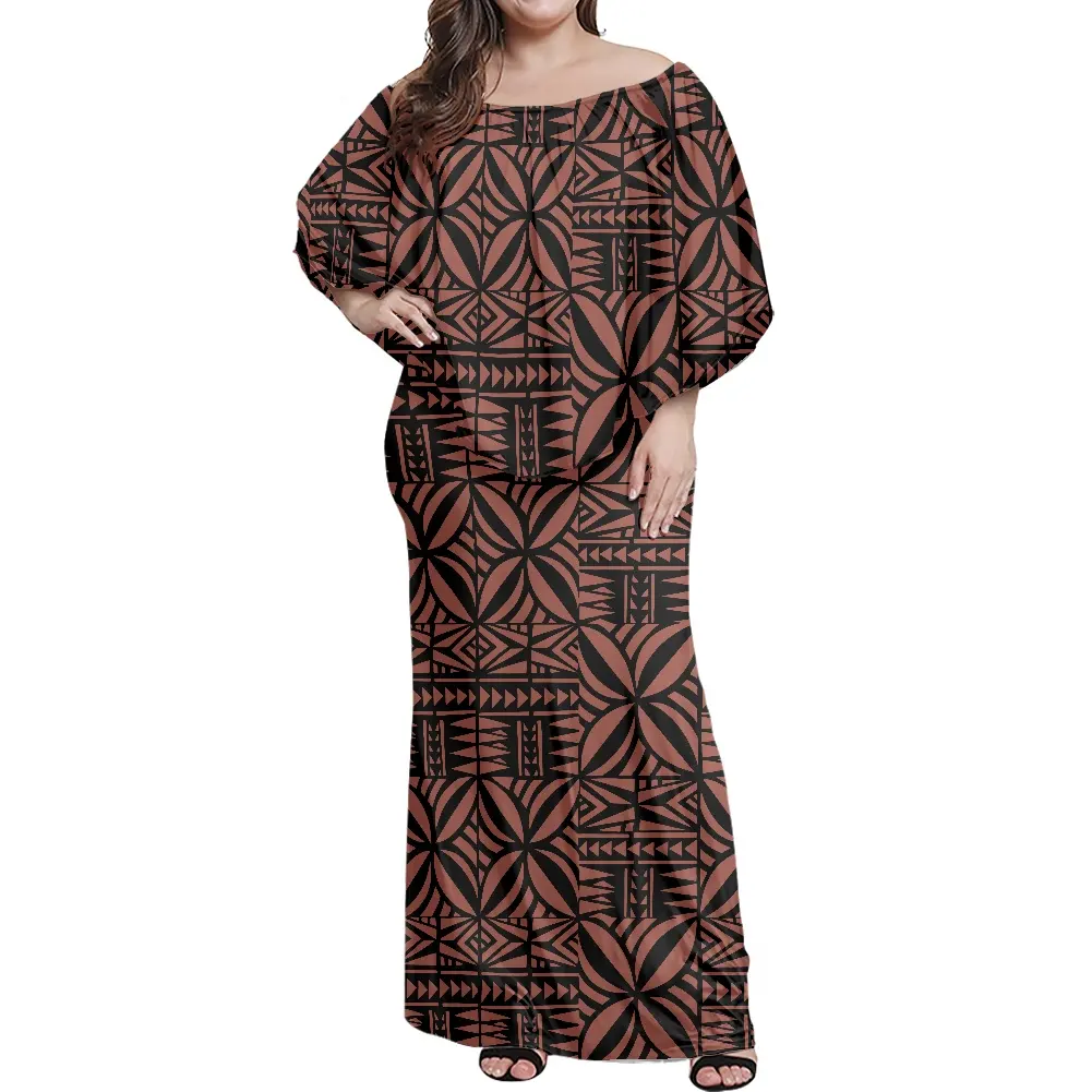 Women Polynesian Tribal Tapa Stylish Clothing One Shoulder Flare Sleeve Dress Package Hip Skirt Maxi Dress Plus-size Women Cloth