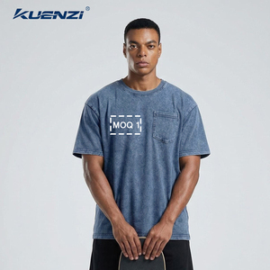 Camiseta Kuenzi para Hombre, Color Denim Lavado, con Bolsillo, 240GSM, 80% Algodón, 20% Poliéster, Estilo Vintage, Hombros Caídos, Estilo Urbano, OEM - Product Image 2