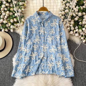 Hot Drill Broderie Revers Chemise à manches longues <span class=keywords><strong>Femme</strong></span> Automne <span class=keywords><strong>Veste</strong></span> ample Blouse - Product Image 1