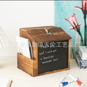 Buzón de sugerencias de madera estilo retro con cerradura, buzón de pared, caja de recordatorios para donaciones, buzón con pizarra, independiente - Product Image 2