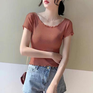 แฟชั่นใหม่เสื้อสั้นผู้หญิงเด็กผู้หญิงถักขอบหยักเสื้อคอกลมแขนสั้นเข้ารูปสีทึบแฟชั่นฤดูร้อน - Product Image 4