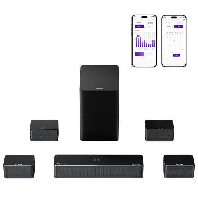 Cinematic Sound at Home: Ultimea 7.1ch Dolby Atmos Soundbar (460W) with Wireless Subwoofer, 4 Wired Speakers