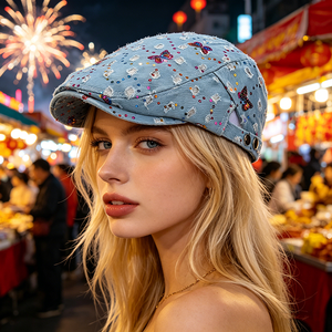 Casquette plate style japonais Y2K à sequins et rayures papillon, rétro, effet amincissant, chapeau de plage en jean pour femme, collection automne, style peintre - Product Image 4