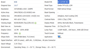 Écran d'ordinateur portable BOE 16 pouces NE160F8M-N61 en stock, 3072*1920, 226PPI, 400 nits, haute luminosité, fin, EDP 40 broches, écran TFT - Product Image 3