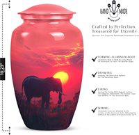 Urne funéraire commémorative en aluminium de 10 pouces, motif éléphant et coucher de soleil sur prairie rouge, pour cendres humaines adultes, scellée, pour la crémation de faunes sauvages