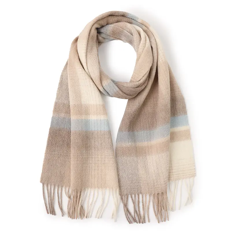 Bufanda a cuadros de lana de nuevo estilo al por mayor bufanda de invierno cálida a cuadros borla 100% lana de invierno