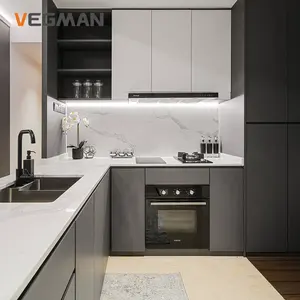 مطبخ ذكي أسود وأبيض مطفي ورنيش تصميم حديث خزانة خزائن مطبخ