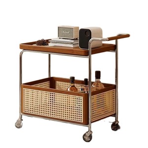Solid Wood Storage Cart With Wheels Stainless Steel Frame Rattan <b>Shelf</b> Living Room Side Table Bedroom Office Mobile Trolley - Product Image 5