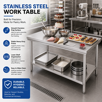 Table de travail en acier inoxydable pour pâtisserie avec surface de préparation de précision et étagère de rangement inférieure pour usage commercial en boulangerie et studio de desserts