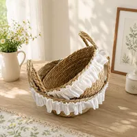 Panier de rangement en paille tressé à la main, style vintage français, avec bordure en dentelle, organiseur de bureau pour cosmétiques et jouets