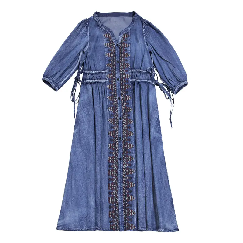 Cowboy Embroidery Women Jeans Dress V Neck Half Sleeve Vintage High Waist Midi Denim Dresses Bohemian Ethnic Style E6531