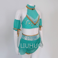 Costume de danse deux pièces vert menthe et or avec strass LIUHUO, col halter et manches amovibles, tenue de compétition pour filles