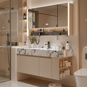 Modern smart beige bathroom vanity with marble sintered stone top and LED smart mirror cabinet - Product Image 6