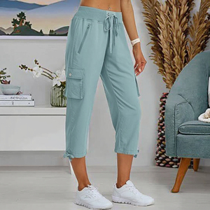 Pantalon cargo décontracté pour femme, idéal pour le fitness et la course, avec cordon de serrage, couleur unie, boutons, style européen et américain, pour l'extérieur en été - Product Image 2