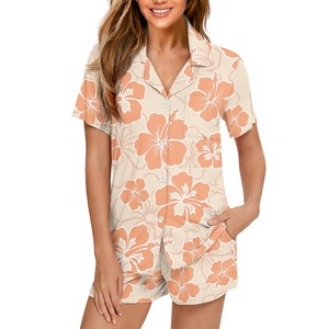Grosir piyama musim panas motif Hawai Hibiscus kecantikan polinesian kustom set piyama & lengan pendek wanita cetak sesuai permintaan - Product Image 2