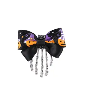 Girls Ribbon Alloy Hand Bone Skelton Hair Pin Accessories Skull Hair Clip Halloween Hair Bow