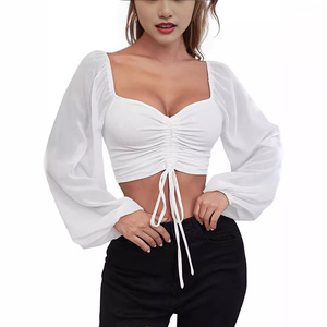 <span class=keywords><strong>Magliette</strong></span> da Donna Primavera Autunno con <span class=keywords><strong>Maniche</strong></span> <span class=keywords><strong>Lunghe</strong></span> a Sbuffo, T-shirt Larghe in Chiffon Lavorato a Maglia con Scollo a V Profondo, T-shirt Casual alla Moda con Arricciatura - Product Image 5