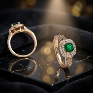 Luxury Brass Gold Plated Emerald Green <b>Crystal</b> Ring Double Halo Cubic Zirconia Cushion Cut Wedding Engagement Jewelry - Product Image 3