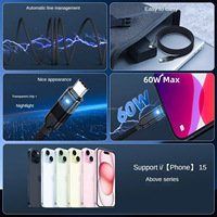 Kabel USB-C gulung magnetis lipat otomatis, kabel 3A pengisian daya Cepat 60W USB C ke kabel Tipe C transparan dengan lampu