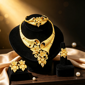 Conjunto de Joias de Noiva Africana em Ouro 24K do Oriente Médio Dubai - Colar, Pulseira, Brincos, Anel - Product Image 6