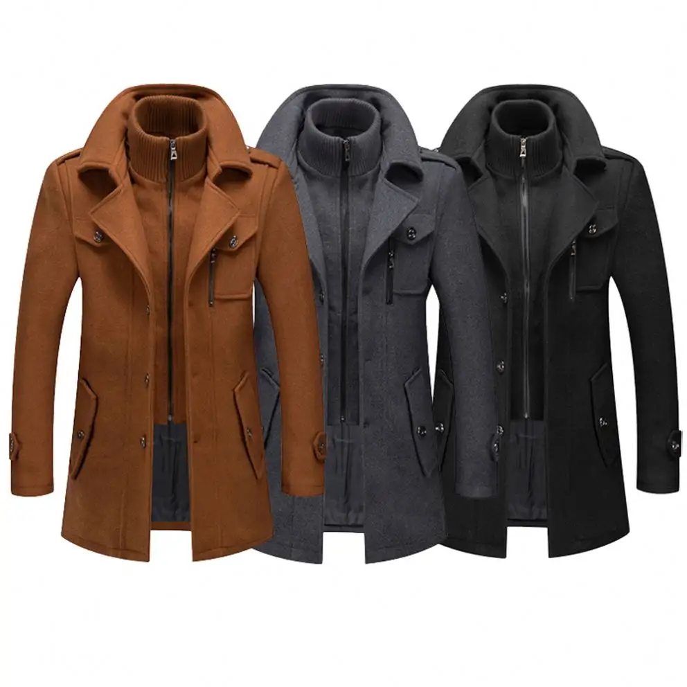 New Autumn Winter Men's Double Collar Woolen Warm Long Coat Plus Size Windproof Jacket for Men M-8XL Grey Black Khaki