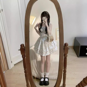 French Style White Floral Print Sundress Strapless Empire Waist Casual Dress For Women Daily Wear Summer Outfit - Product Image 1