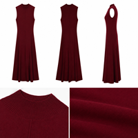 Robe longue maxi en maille bordeaux personnalisée pour femme, col montant, sans manches, coupe trapèze