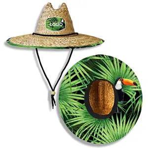 custom animal printing summer outdoor Rush grass wide brim straw sun fishing hat mat grass lifeguard straw hat for men