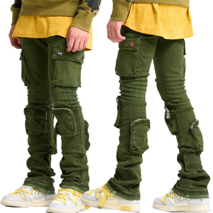 Moda verde Skinny bordi grezzi orlo Multi tasche Cargo impilati Jeans <span class=keywords><strong>pantaloni</strong></span> per uomo - Product Image 5