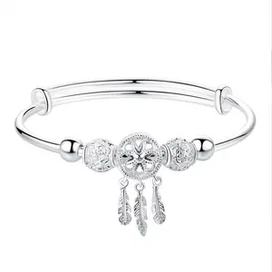 Sterling Silver Plated Dreamcatcher Bangle Children's Tassel Push-Pull Feather Bracelet Adjustable Bangle