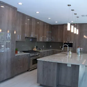 Mobília de armário de cozinha de grande ilha, cinza moderno, brilhante, cozinha, armário, móveis personalizados, feitos na china