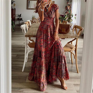 2025 nuovo stile da donna abito Casual lungo fino alla vita con stampa floreale bohémien con orlo ampio - Product Image 1