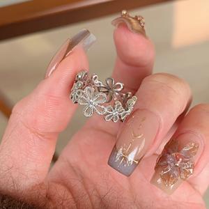 S925 Pure Silver <b>Wreath</b> <b>Ring</b> for Women Geometric Pattern Hollow Flower Petal Design Flower Shadow Weaving Niche Style <b>Ring</b> - Product Image 1