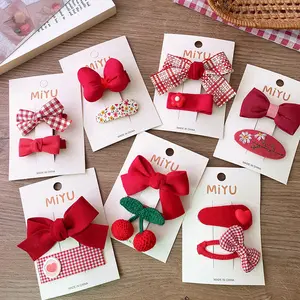 2024 2PCS Set Red Cloth Plaid Bow Embroidered Flowers Cherry Hair Clips For Girl Cute Happy Sweet Hairpin Barrettes
