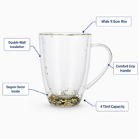 Mug en verre décoratif à double paroi isolé avec paillettes en forme de cœur, grande capacité de 475 ml, pour café, thé, boissons chaudes, maison, bureau, cadeau