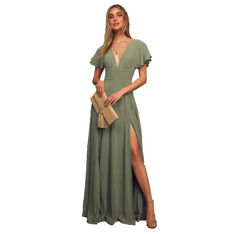 Di nuova concezione verde con scollo a v manica corta sexy del vestito 100% cotone delle donne del vestito elegante partito casuale maxi vestito