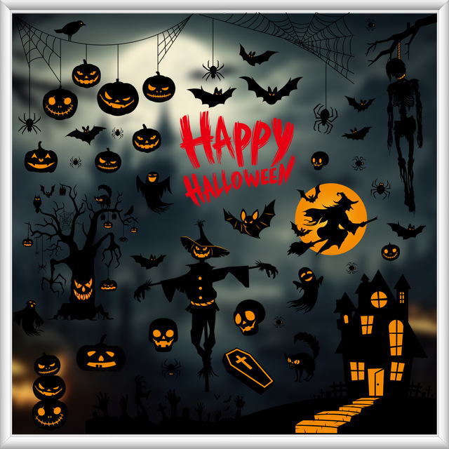 Custom Double Side Static Halloween Window Stickers Haunted House Witch Spider Pumpkin Decal for Home Party Glass Decor