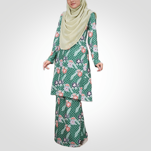 SIPO Modern Baju Kurung Custom Eid Green Floral Print Dress para Muslimah Wanita Modest Straight Silhouette Moda Malaya - Product Image 3