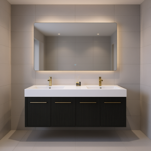Mueble de Baño de 60 Pulgadas, Montado en la Pared, con Lavabo Doble de Resina, Diseño Moderno y Minimalista, Acabado Oscuro, Forma Rectangular - Product Image 2