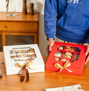 Holiday Gift Use Compartmentalized Sweet Treat Box Clear Window Pastry Chocolate Cookie Packaging Box With Silk <b>Ribbon</b> - Product Image 1