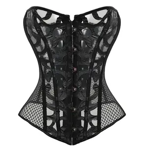 Black Women's Breathable Shapwear Costumes Sexy Transparent Mesh Corselet Hollow Out Corset Bustier Top With G String 621#