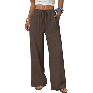 Pantalon palazzo fluide à jambes larges pour femme, taille haute, cordon de serrage, taille élastique, avec poches, vêtements d'été pour les vacances à la plage - Product Image 1